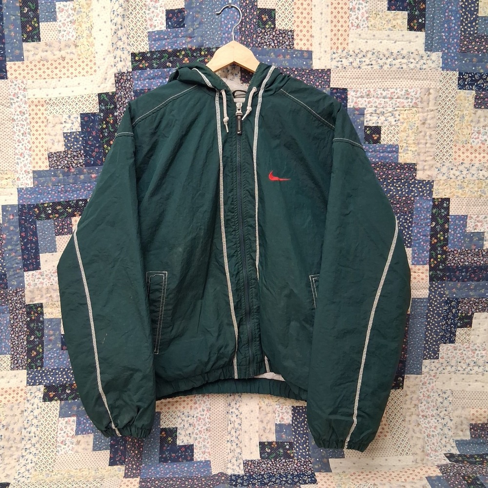 Vintage 90s Nike Big Swoosh Hooded Windbreaker Jacket Mens Large Green Quilted